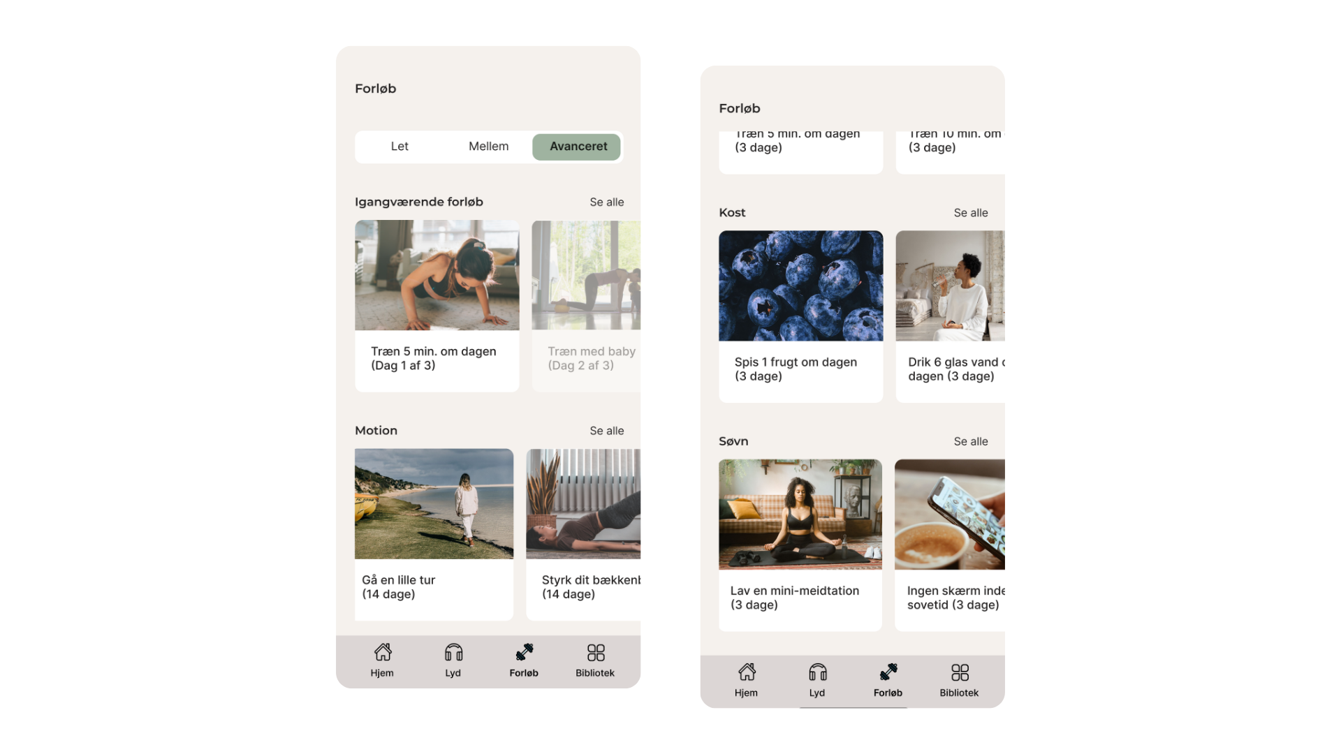 2 mockups side by side, showing the app's 
                        available mini-courses in areas such as health, sleep and diet. The mini courses are separated into levels of difficulty and available time.