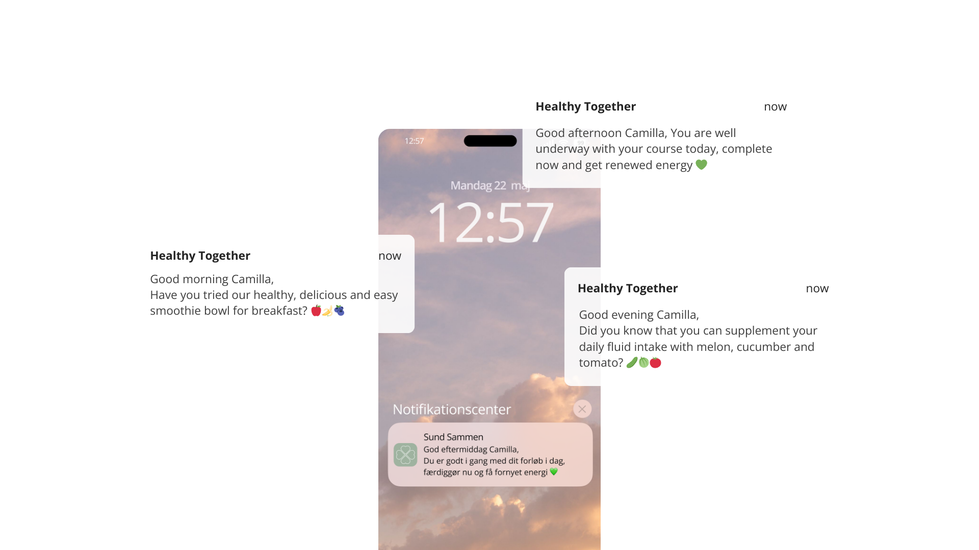 A mockup showing the app on the 'Home Screen', where the
                        user just received a message with a gentle reminder to complete their daily challenge. And a reminder about the benefits on their health if they
                        complete the task.